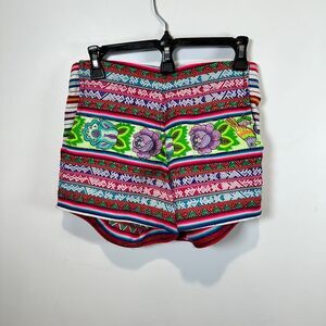 Pamela V. Boho Aztec Floral Embroidered Festival Shorts Multi-Color Size M